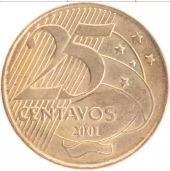 Монета 25 сентаво Бразилии 2001 года Латунь