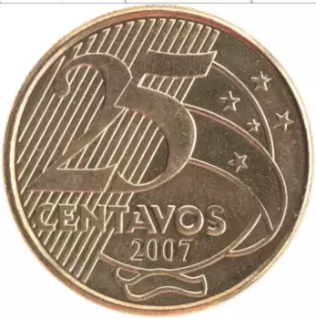 Монета 25 сентаво Бразилии 2007 года Латунь