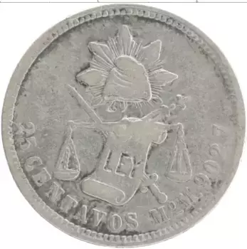 Монета 25 сентаво Мексики 1888 года Серебро