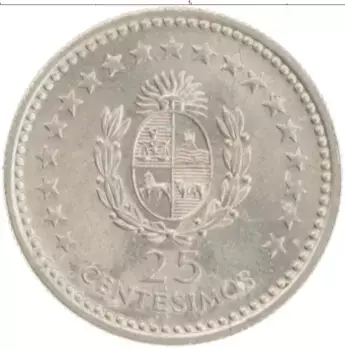 Монета 25 сентесимо Уругвая 1960 года Медно-никель герб - Артигас
