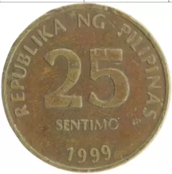 Монета 25 сентим Филиппин 1999 года Латунь