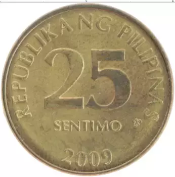 Монета 25 сентим Филиппин 2009 года Латунь