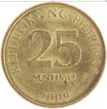 Монета 25 сентим Филиппин 2009 года Латунь