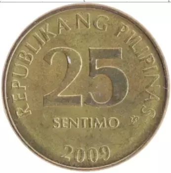 Монета 25 сентим Филиппин 2009 года Латунь