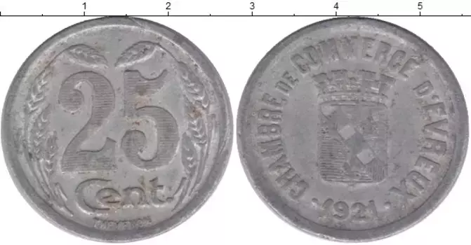Монета 25 сентим Франции 1921 года Алюминий Токен