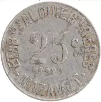 Монета 25 сентим Франции 1922 года Алюминий Мазаме
