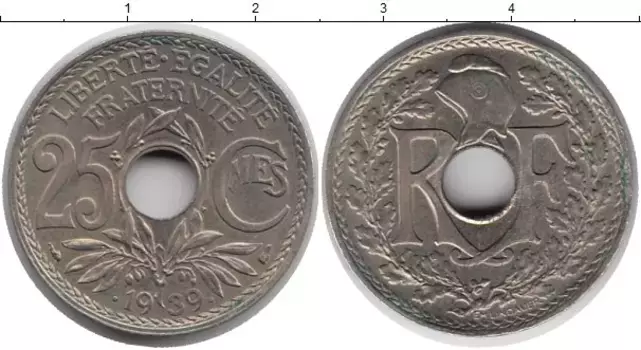 Монета 25 сентим Франции 1939 года Медно-никель