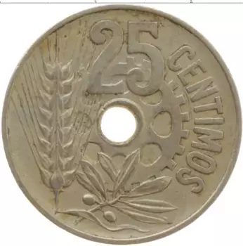 Монета 25 сентим Испании 1934 года Медно-никель