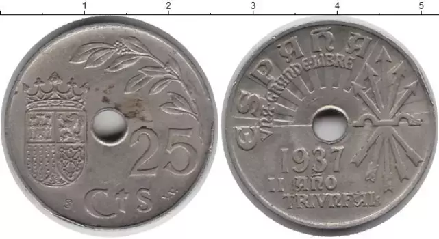 Монета 25 сентим Испании 1937 года Медно-никель