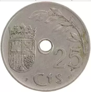 Монета 25 сентим Испании 1937 года Медно-никель