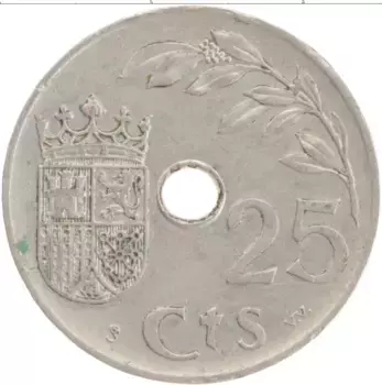 Монета 25 сентим Испании 1937 года Медно-никель