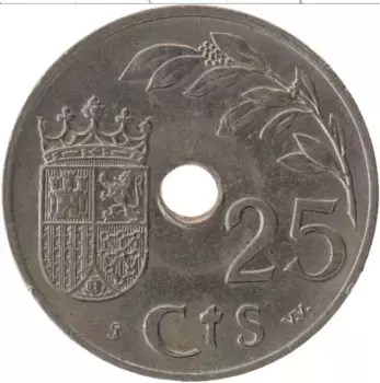 Монета 25 сентим Испании 1937 года Медно-никель
