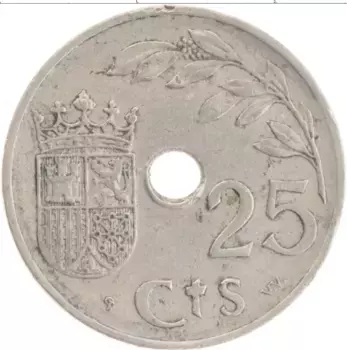 Монета 25 сентим Испании 1937 года Медно-никель Деформация