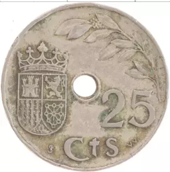 Монета 25 сентим Испании 1937 года Медно-никель