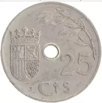 Монета 25 сентим Испании 1937 года Медно-никель
