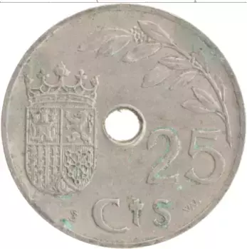 Монета 25 сентим Испании 1937 года Медно-никель