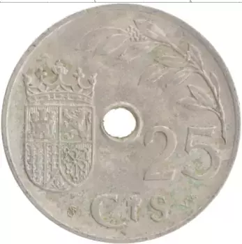 Монета 25 сентим Испании 1937 года Медно-никель