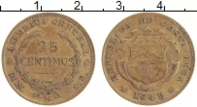 Монета 25 сентим Коста-Рики 1945 года Латунь