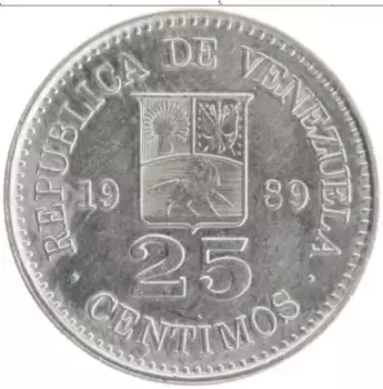 Монета 25 сентим Венесуэлы 1989 года Медно-никель Симон Боливар