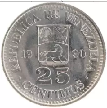 Монета 25 сентим Венесуэлы 1990 года Медно-никель Симон Боливар