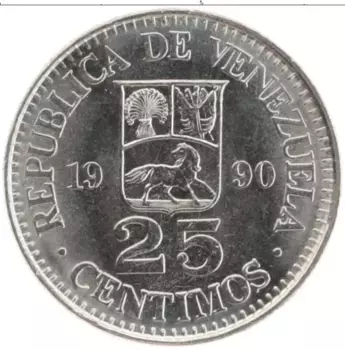Монета 25 сентим Венесуэлы 1990 года Медно-никель
