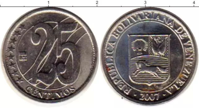 Монета 25 сентим Венесуэлы 2007 года Медно-никель Герб Венесуэлы