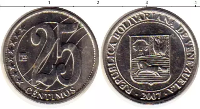 Монета 25 сентим Венесуэлы 2007 года Медно-никель Герб Венесуэлы