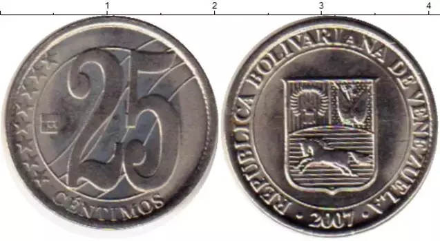 Монета 25 сентим Венесуэлы 2007 года Медно-никель Герб Венесуэлы