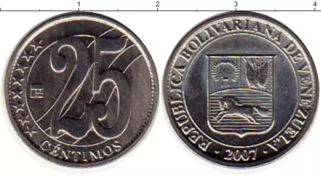 Монета 25 сентим Венесуэлы 2007 года Медно-никель Герб Венесуэлы