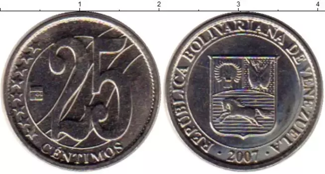 Монета 25 сентим Венесуэлы 2007 года Медно-никель Герб Венесуэлы