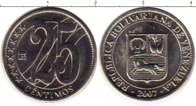 Монета 25 сентим Венесуэлы 2007 года Медно-никель