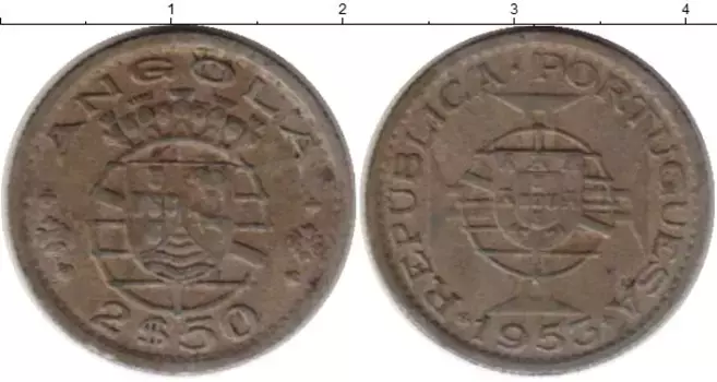Монета 2 1/2 эскудо Анголы 1953 года Медно-никель Португальская колония