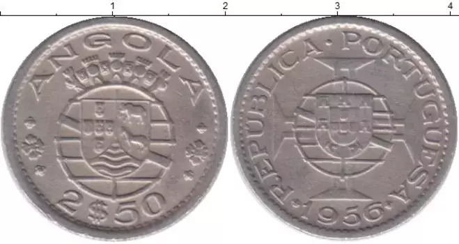 Монета 2 1/2 эскудо Анголы 1953 года Медно-никель Тираж 6-000-000