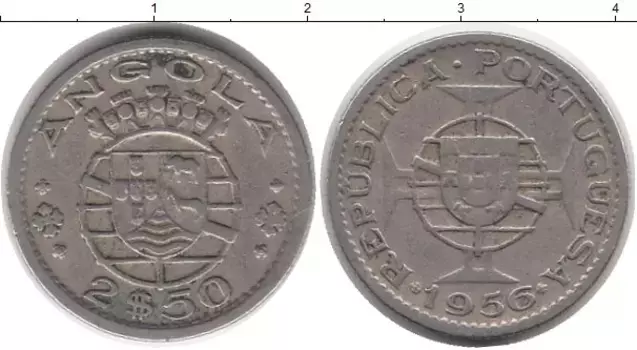 Монета 2 1/2 эскудо Анголы 1956 года Медно-никель Португальская колония