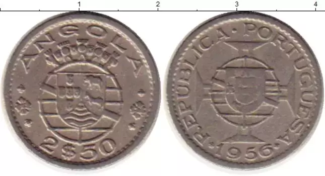 Монета 2 1/2 эскудо Анголы 1956 года Медно-никель Португальская колония