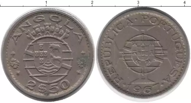 Монета 2 1/2 эскудо Анголы 1967 года Медно-никель Португальская колония