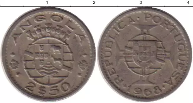 Монета 2 1/2 эскудо Анголы 1968 года Медно-никель