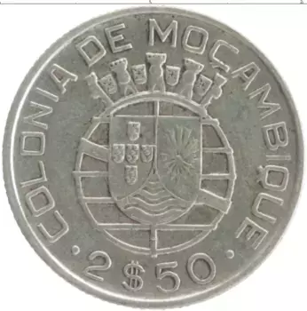 Монета 2 1/2 эскудо Мозамбика 1942 года Серебро