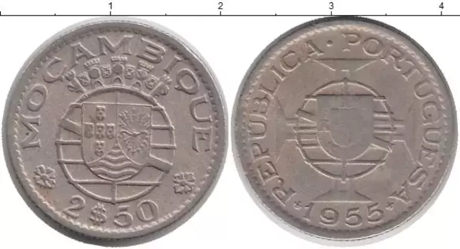 Монета 2 1/2 эскудо Мозамбика 1955 года Медно-никель