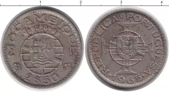 Монета 2 1/2 эскудо Мозамбика 1965 года Медно-никель