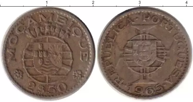 Монета 2 1/2 эскудо Мозамбика 1965 года Медно-никель