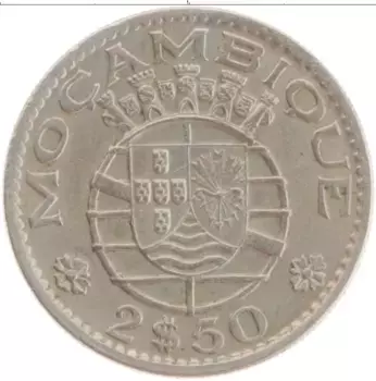 Монета 2 1/2 эскудо Мозамбика 1965 года Медно-никель