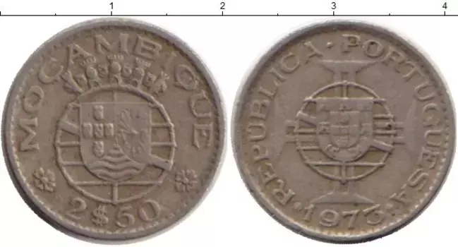 Монета 2 1/2 эскудо Мозамбика 1973 года Медно-никель