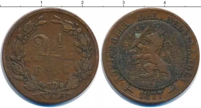 Монета 2 1/2 цента Нидерланд 1877 года Бронза
