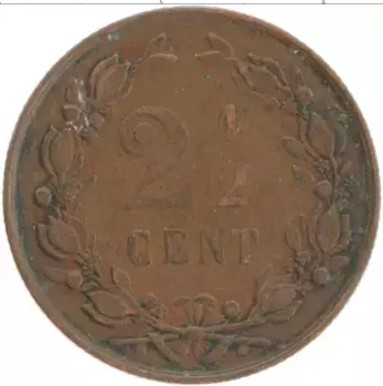 Монета 2 1/2 цента Нидерланд 1890 года Бронза