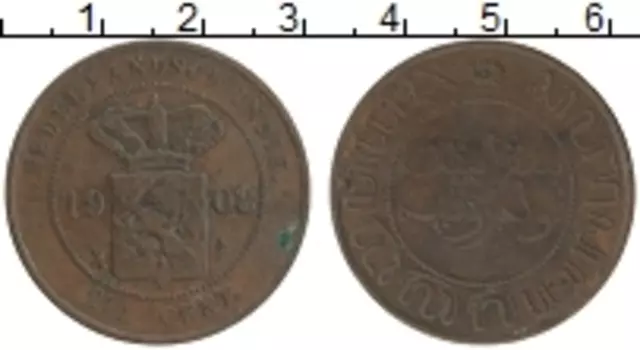 Монета 2 1/2 цента Нидерландской Индии 1908 года Медь