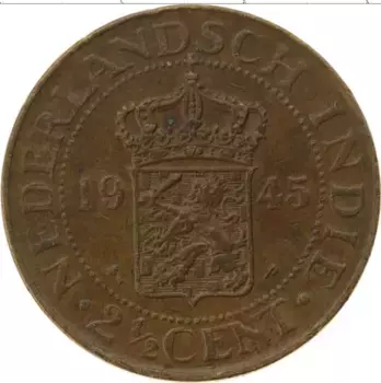 Монета 2 1/2 цента Нидерландской Индии 1945 года Медь Герб