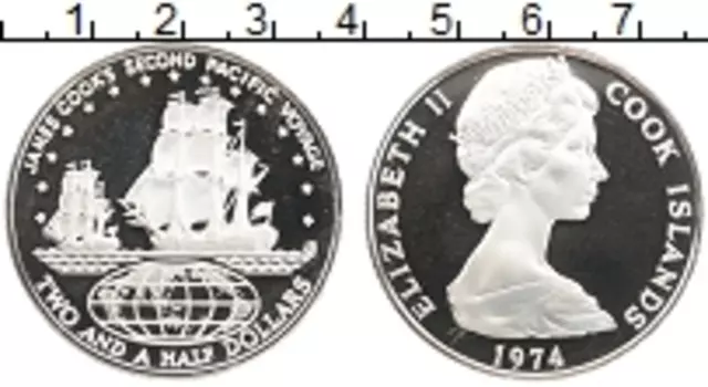Монета 2 1/2 доллара Островов Кука 1974 года Серебро Елизавета II