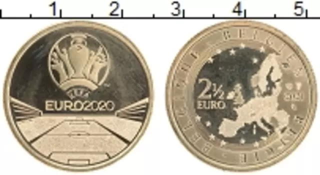 Монета 2 1/2 евро Бельгии 2021 года Латунь Чемпионат Европы по футболу