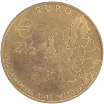 Монета 2 1/2 евро Германии 1997 года Латунь Бранденбургские ворота